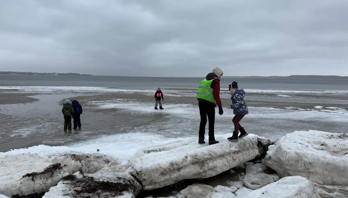 Kinder auf Eisschollen am Strand in Holnis | © Gerhild Schiller